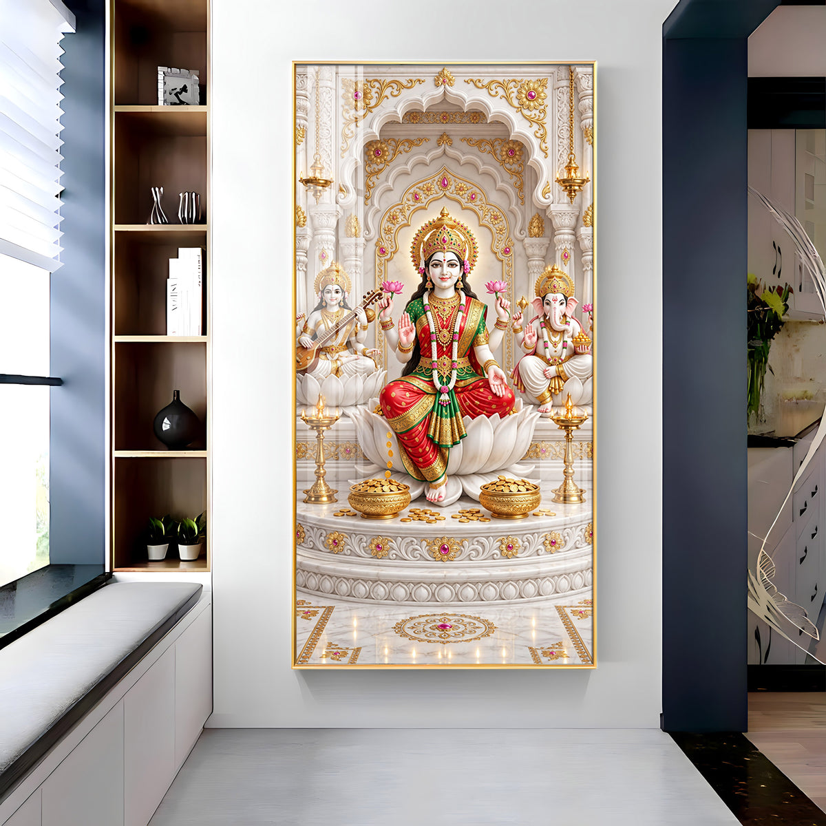 Divine Maa Saraswati, Laxmi & Lord Ganesh Ji Premium Acrylic Vertical Wall Art