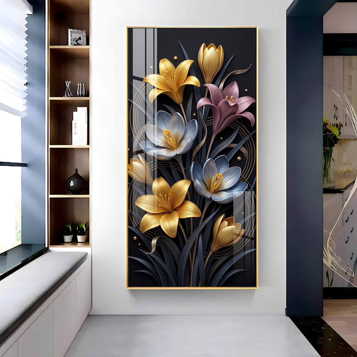 Metallic Floral Bouquet Gold & Blue Lilies Premium Acrylic Vertical Wall Art