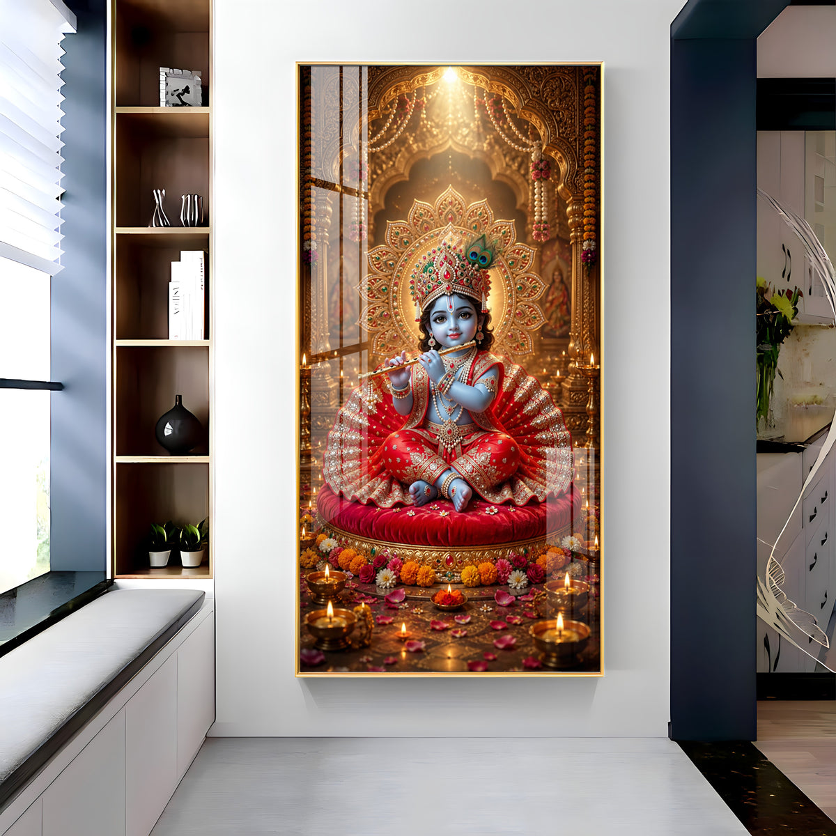 Divine Bal Krishna With Makhan Matki Premium Acrylic Vertical Wall Art
