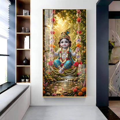 Divine Bal Krishna In Jhula Premium Acrylic Vertical Wall Art