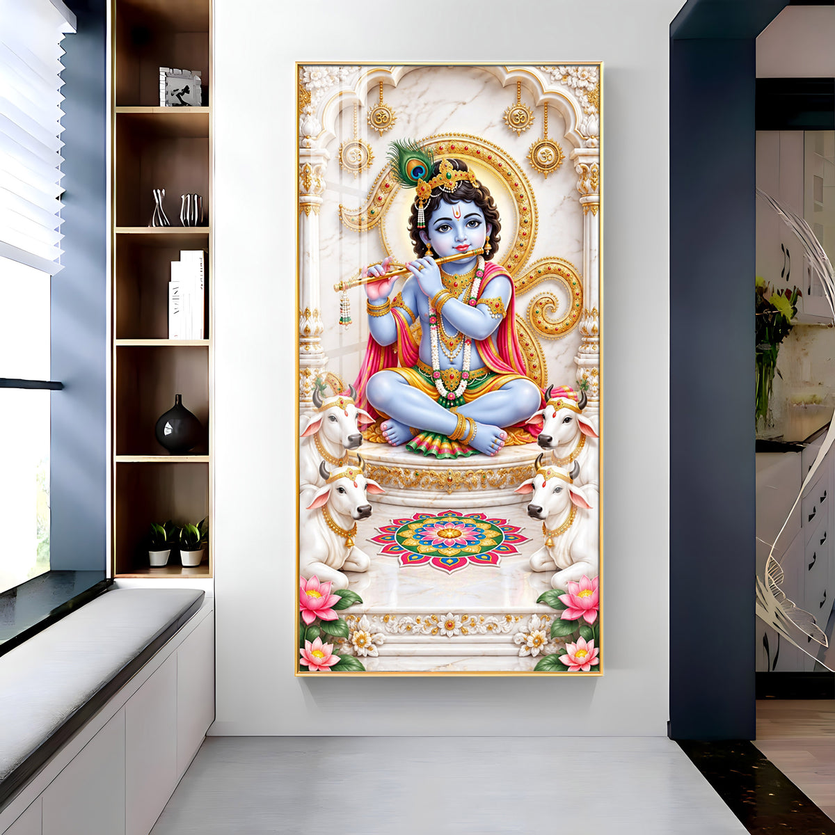 Krishna With White Cows Premium Acrylic Vertical Wall Art