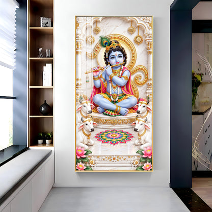 Krishna With White Cows Premium Acrylic Vertical Wall Art