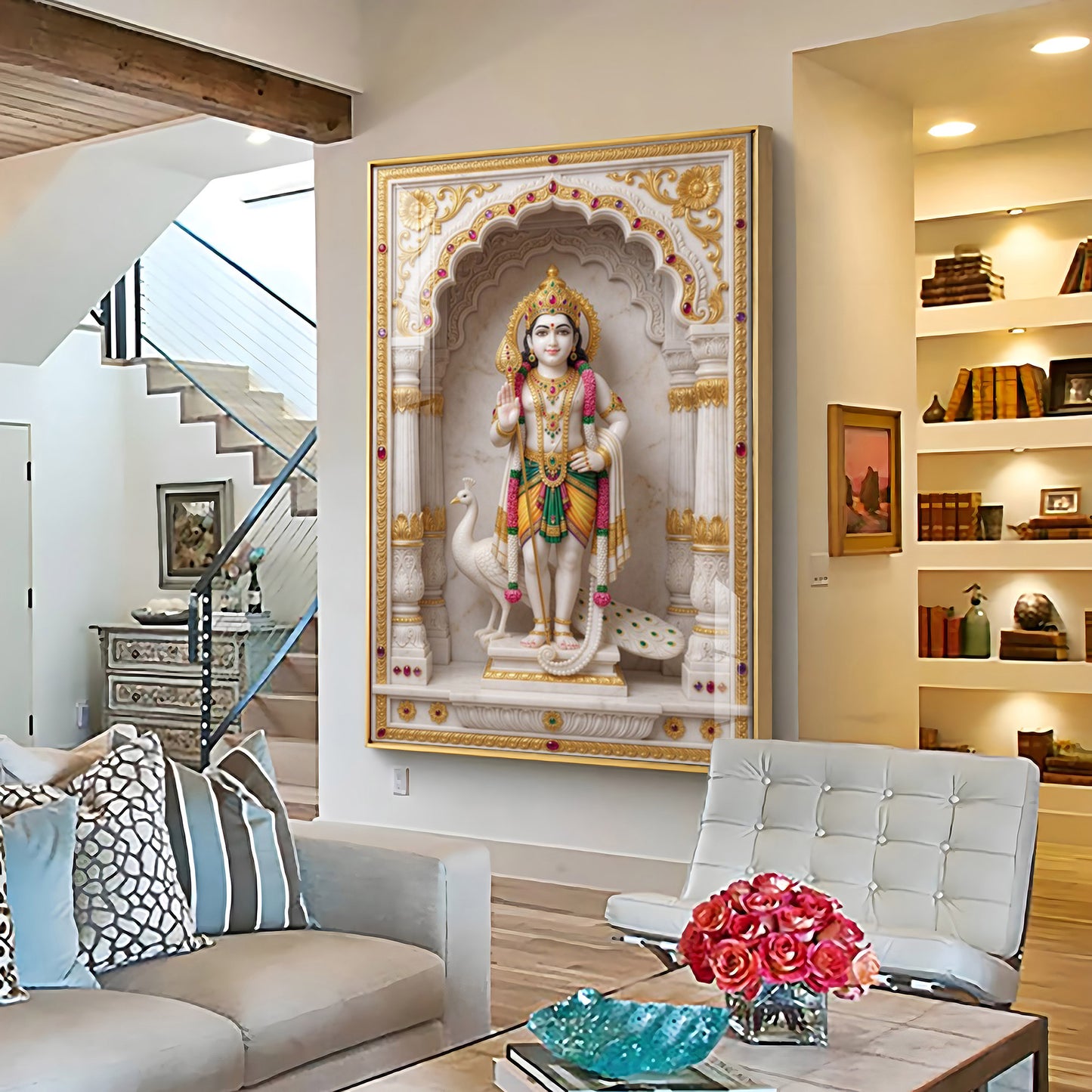 Lord Murugan With White Peacock Premium Acrylic Vertical Wall Art
