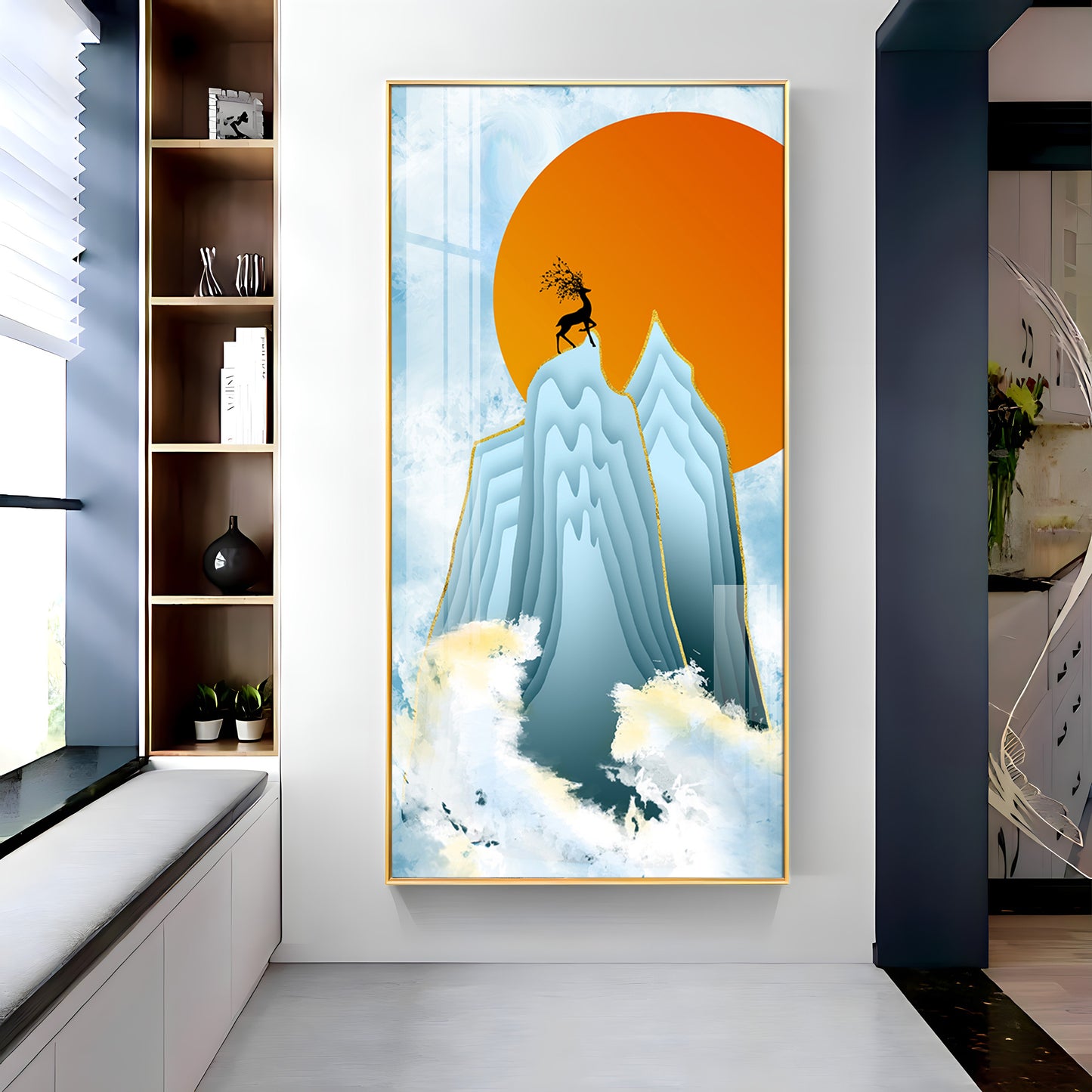 Black Deer On Mountains Premium Acrylic Vertical Wall Art