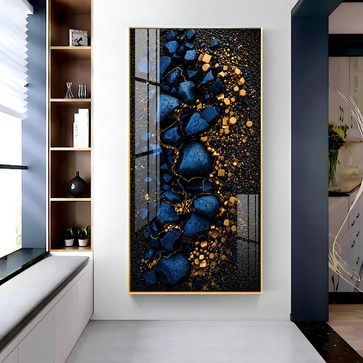 Deep Blue Cracked Rock with Gold Dust Premium Acrylic Vertical Wall Art