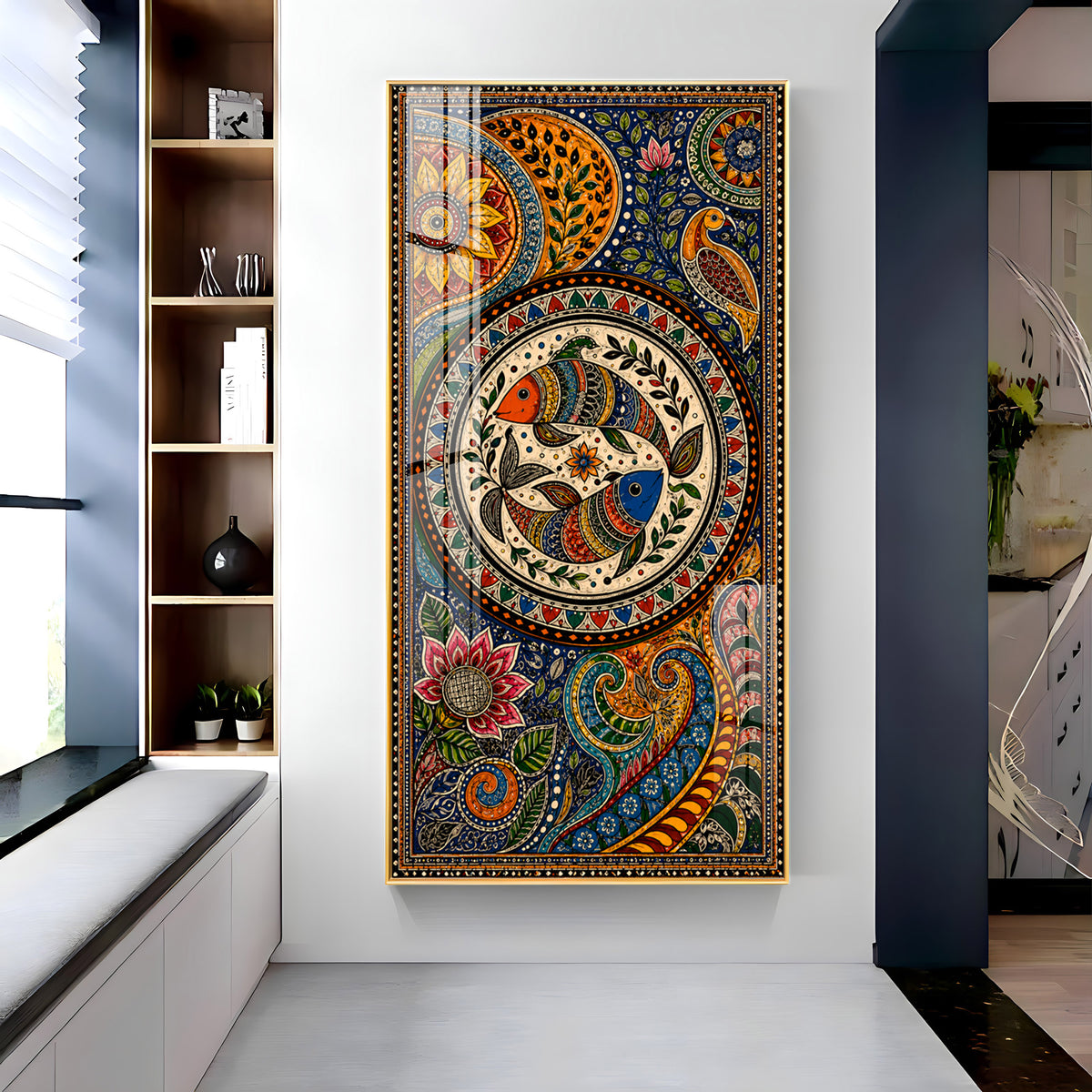 Traditional Folk Art Dual Fish & Floral Mandala Premium Acrylic Vertical Wall Art