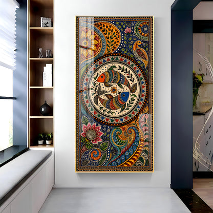 Traditional Folk Art Dual Fish & Floral Mandala Premium Acrylic Vertical Wall Art