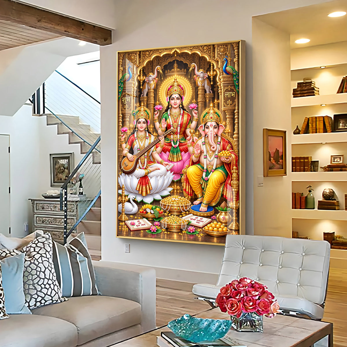Maa Lakshmi, Ganesha and Saraswati Premium Acrylic Vertical Wall Art