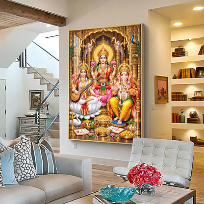 Maa Lakshmi, Ganesha and Saraswati Premium Acrylic Vertical Wall Art