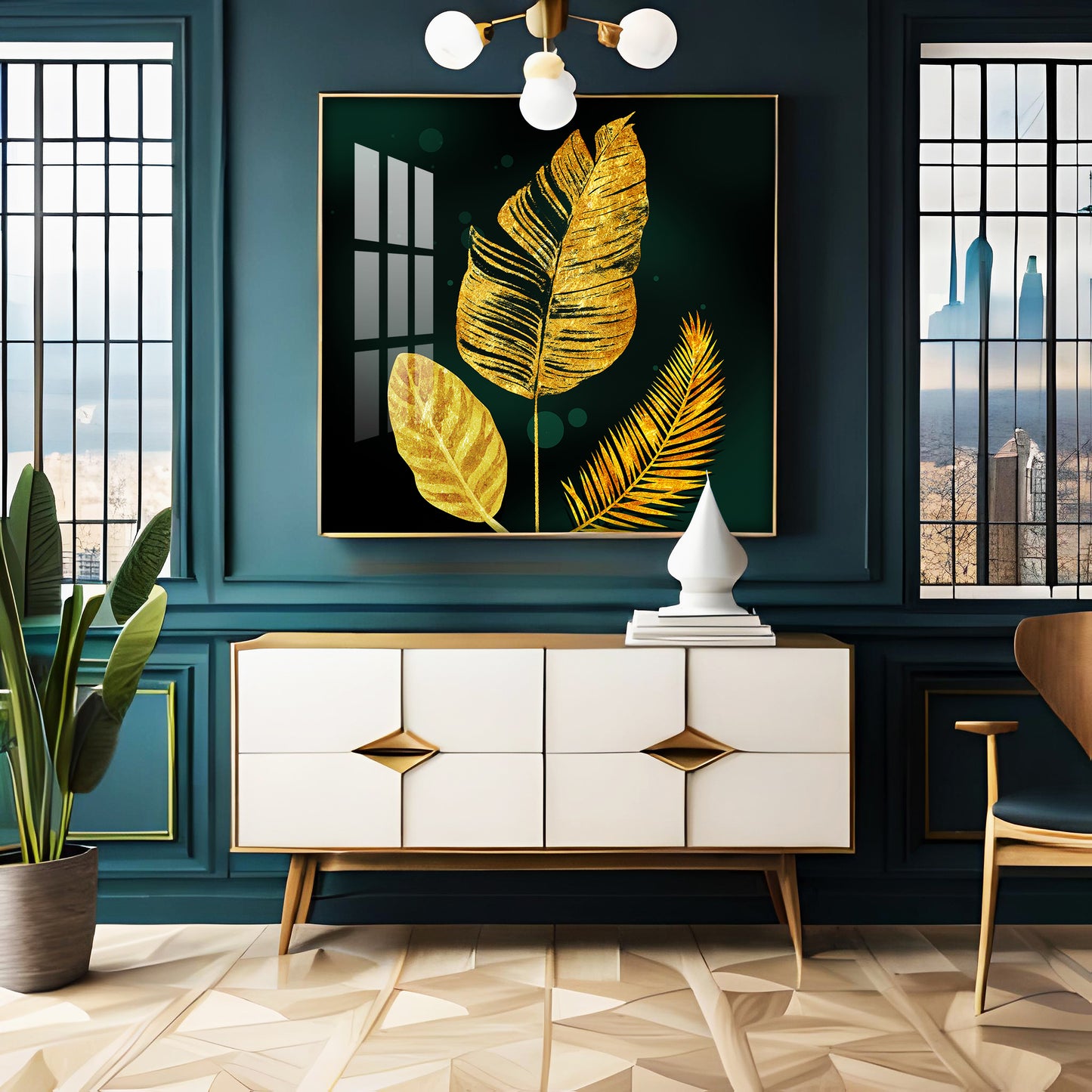 Luxury Golden Leaves Premium Acrylic Square Wall Art
