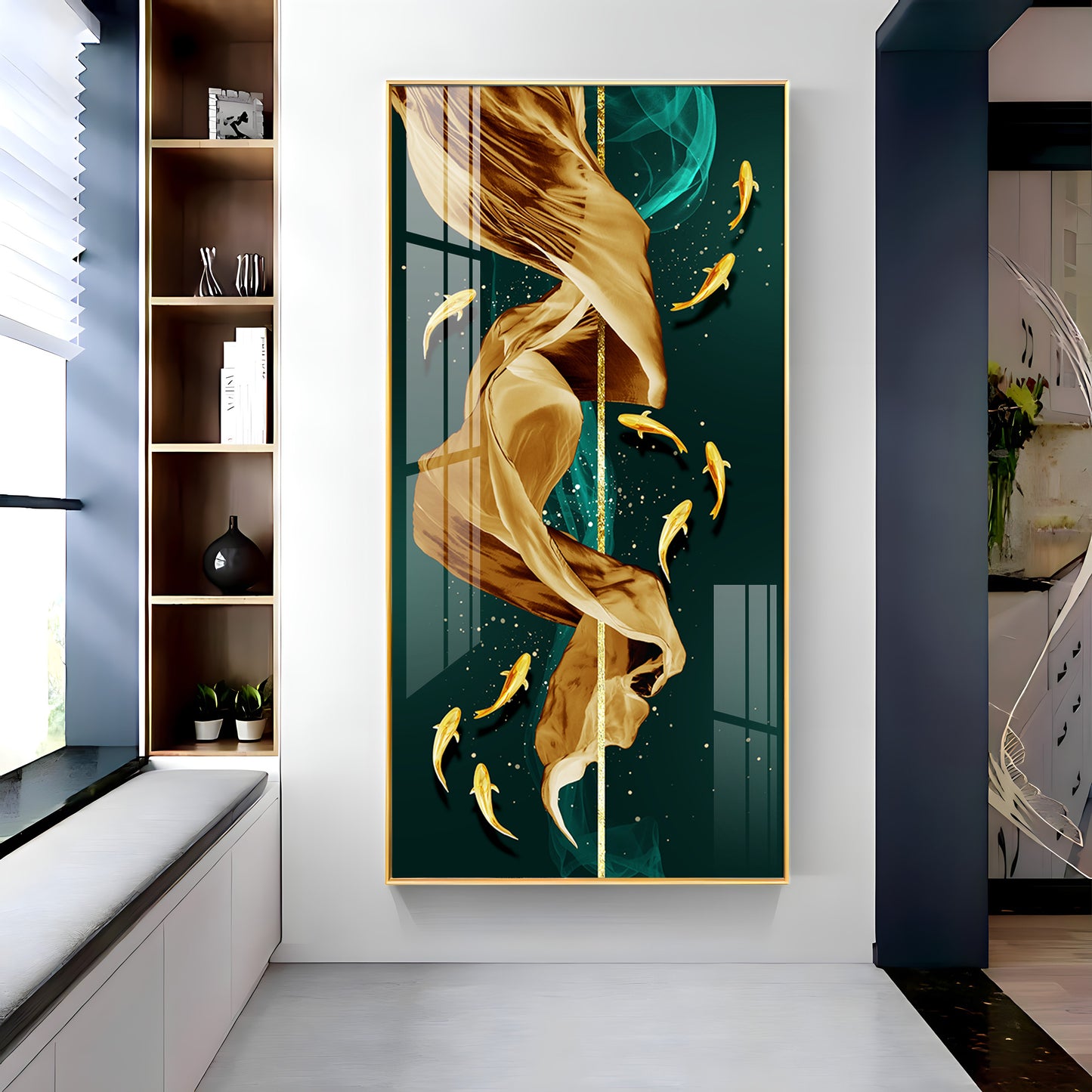 Fish & Flowing Gold Layer Premium Acrylic Vertical Wall Art