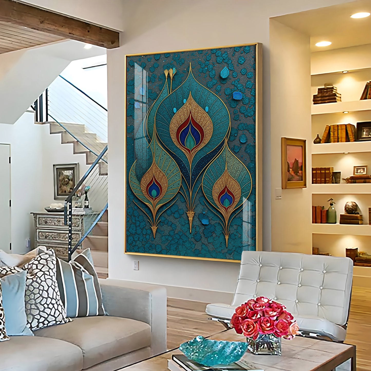 Three Ornate Peacock Feather Premium Acrylic Vertical Wall Art