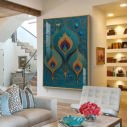 Three Ornate Peacock Feather Premium Acrylic Vertical Wall Art