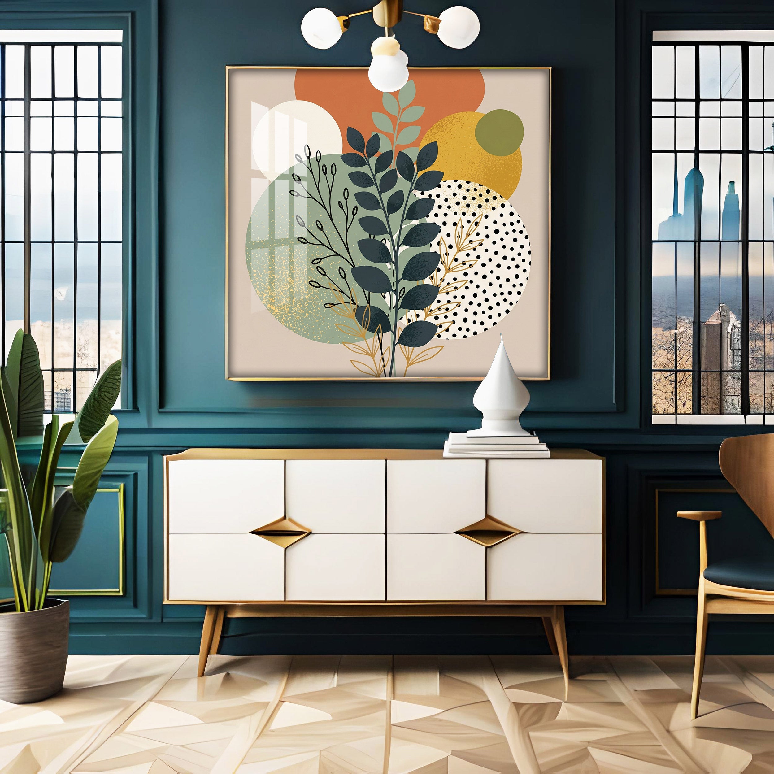 Leafy Branches Geometric Shapes Premium Acrylic Square Wall Art