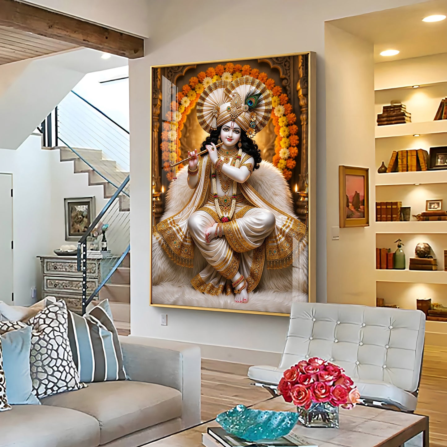 Beautiful Lord Krishna Playing The Flute Premium Acrylic Vertical Wall Art