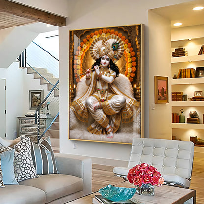 Beautiful Lord Krishna Playing The Flute Premium Acrylic Vertical Wall Art