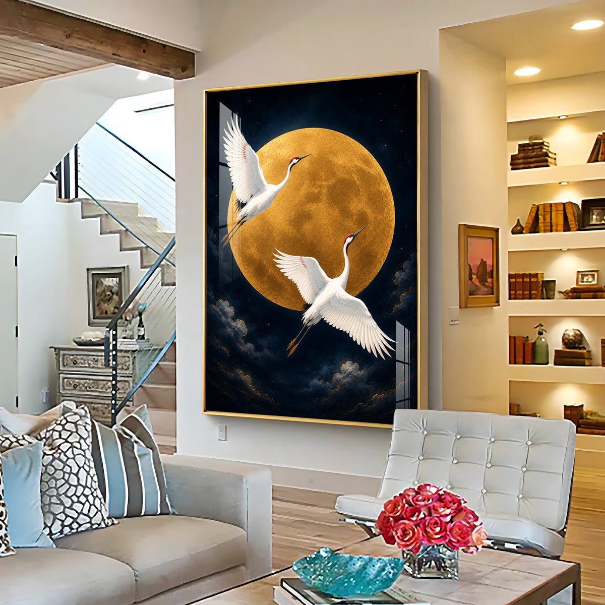 Golden Full Moon & Flying Cranes Premium Acrylic Vertical Wall Art