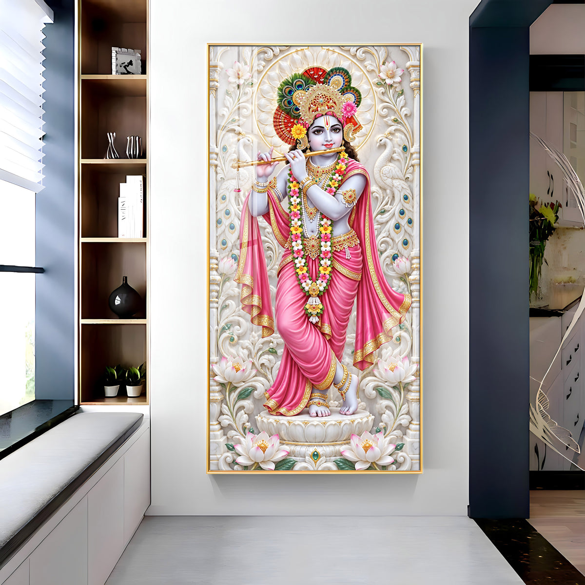 Krishna In Pink Dress Premium Acrylic Vertical Wall Art