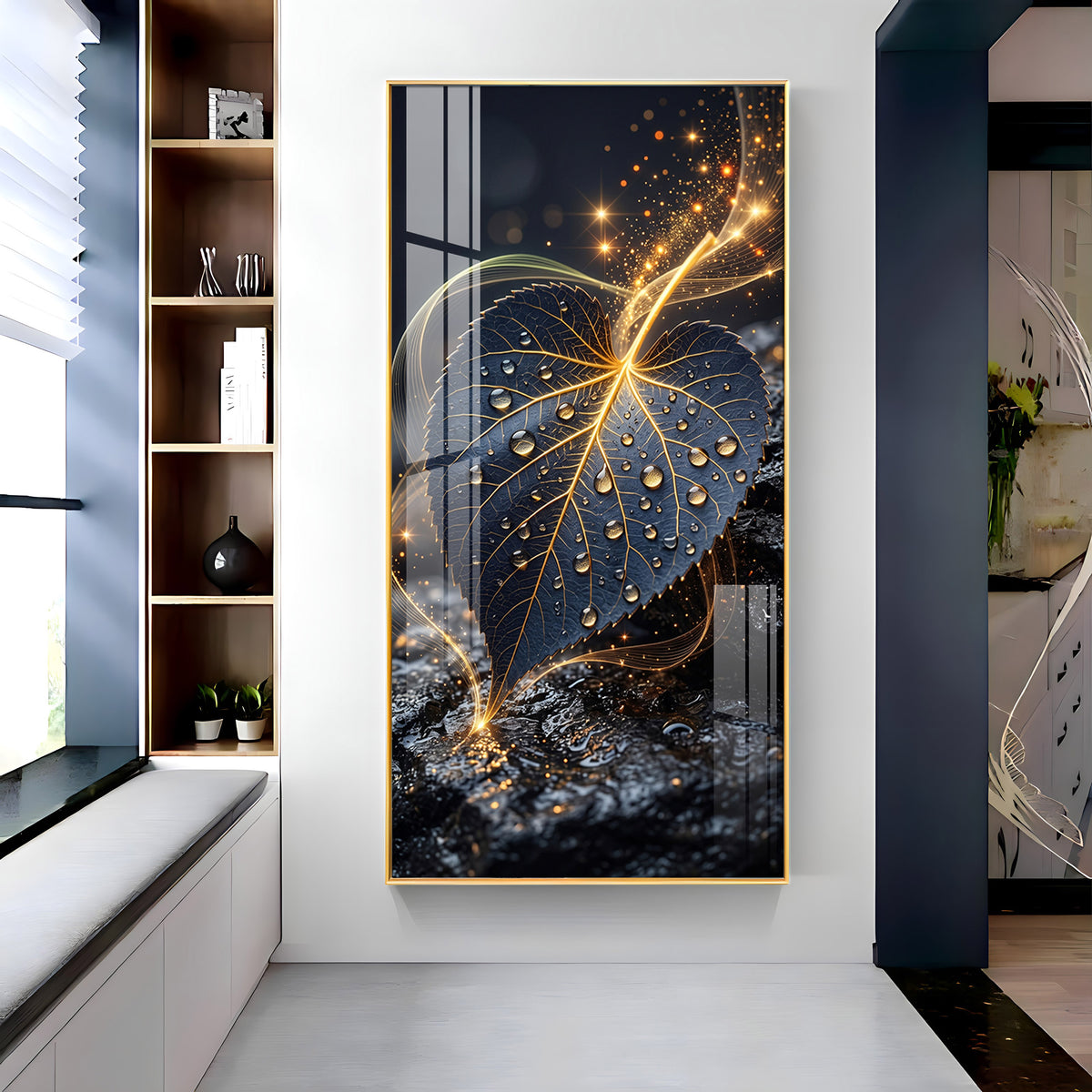 Golden Water Droplet Leaf Premium Acrylic Vertical Wall Art