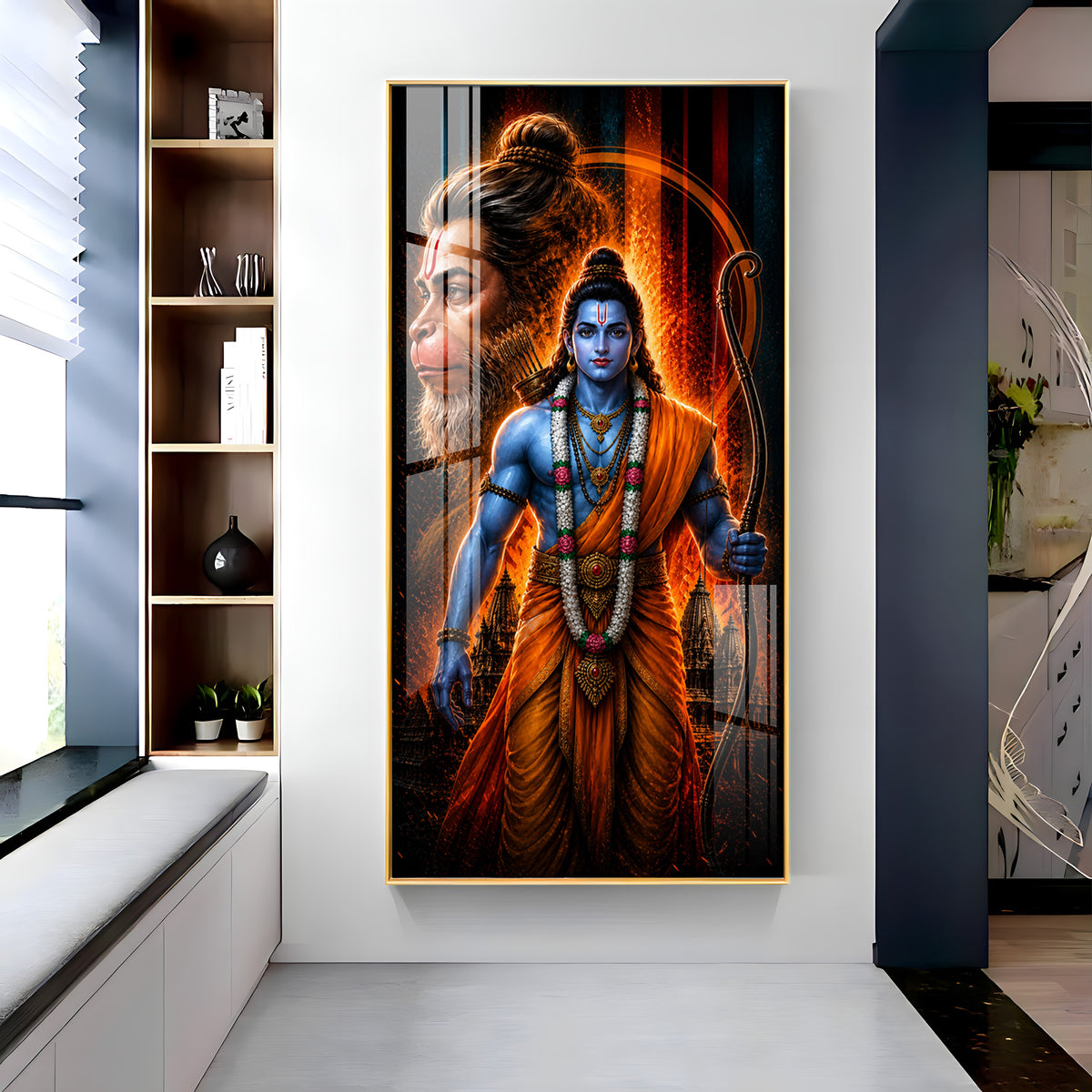 Sacred Lord Rama & Hanuman Divine Aura Premium Acrylic Vertical Wall Art