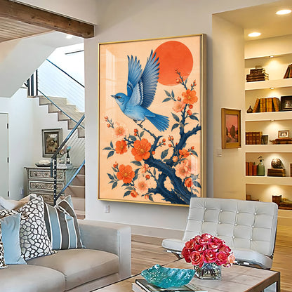 Flying Bluebird & Orange Blossoms Premium Acrylic Vertical Wall Art