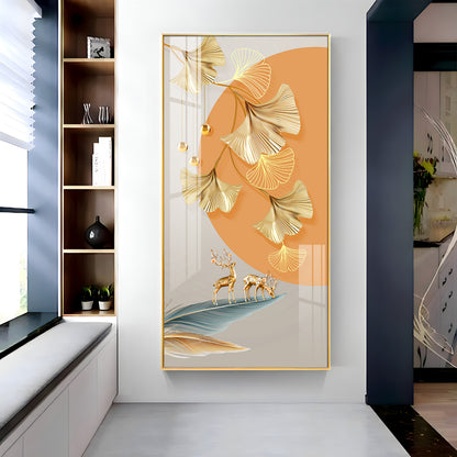 Golden Ginkgo Leaves Deer Premium Acrylic Vertical Wall Art