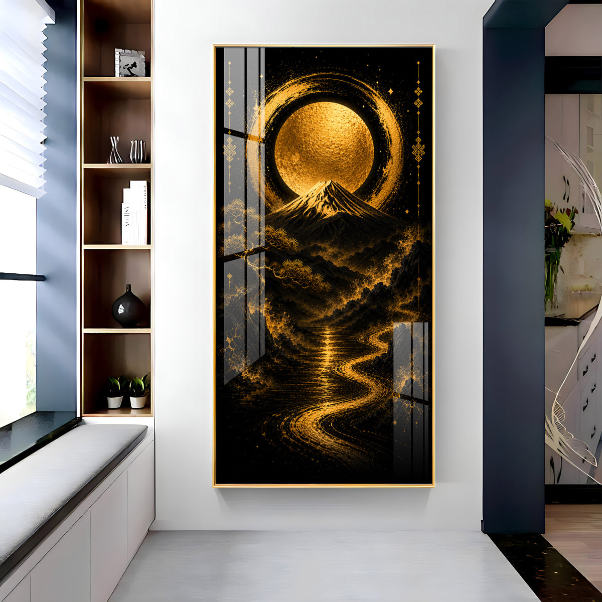 Golden Moon & Sacred Mountain Landscape Premium Acrylic Vertical Wall Art