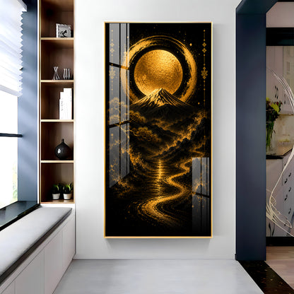 Golden Moon & Sacred Mountain Landscape Premium Acrylic Vertical Wall Art