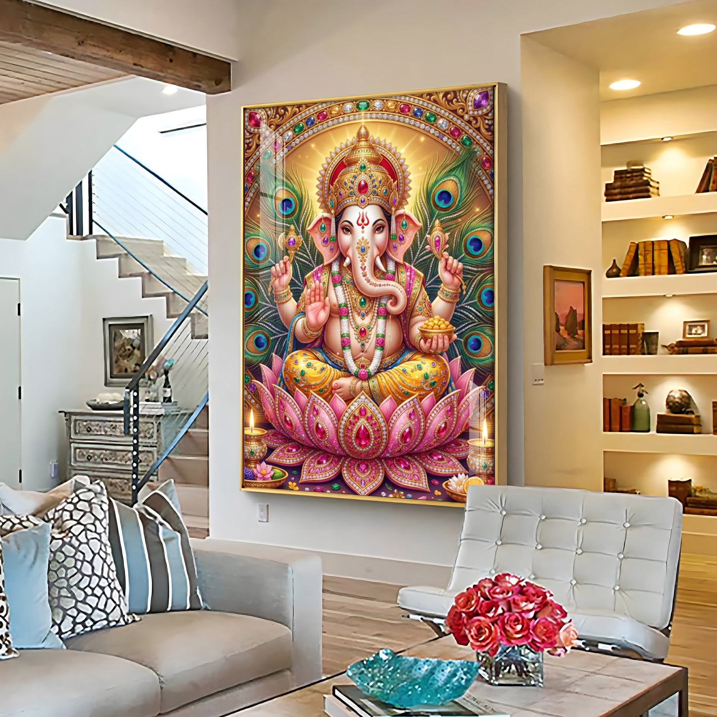 Lord Ganesha With Pink Lotus Premium Acrylic Vertical Wall Art