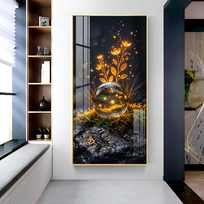 Glowing Crystal Orb & Golden Flowers Premium Acrylic Vertical Wall Art
