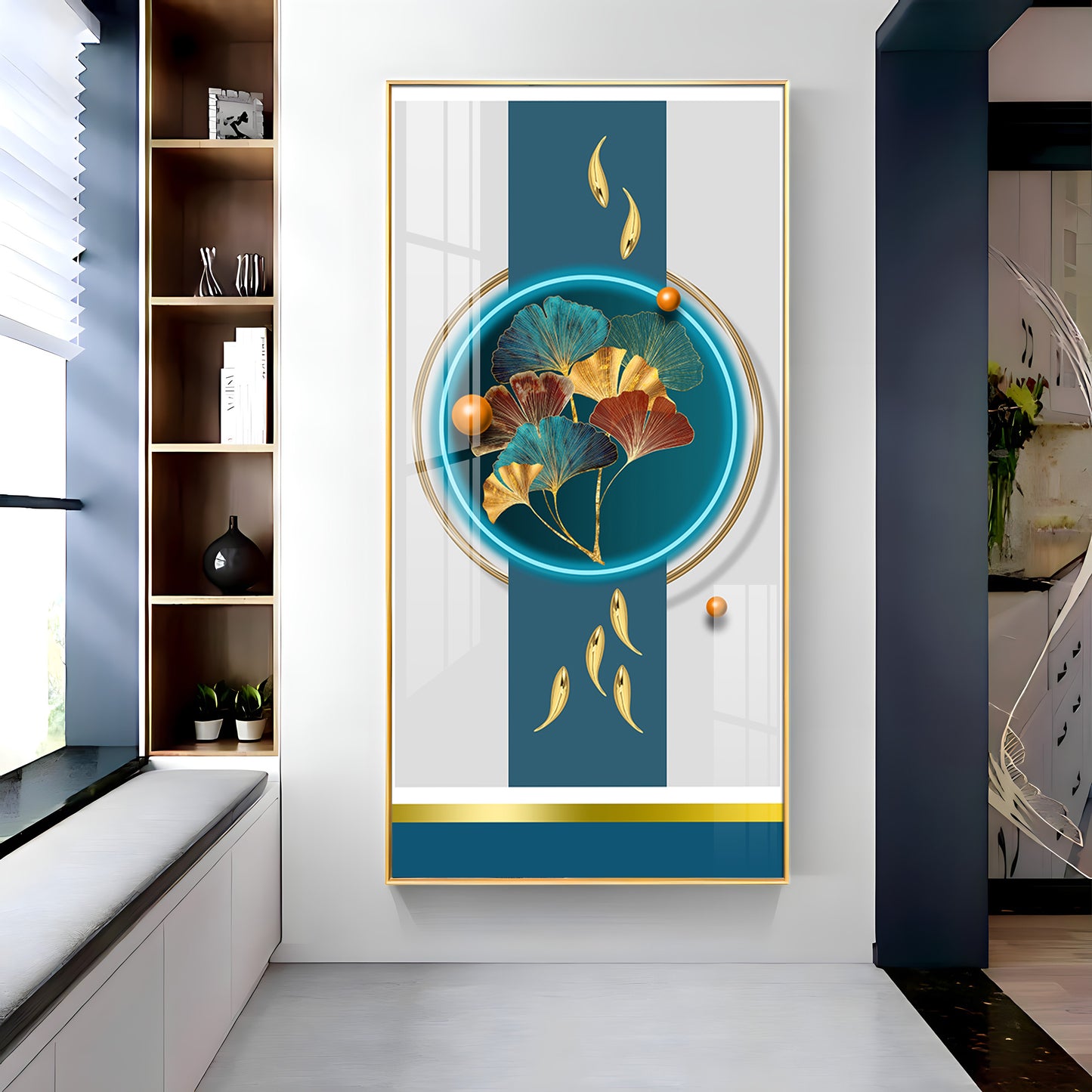 Gold Fish  With Ginkgo Leaf Premium Acrylic Vertical Wall Art