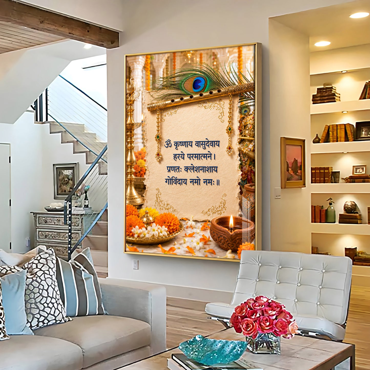 Flute With Sanskrit Shloka Premium Acrylic Vertical Wall Art