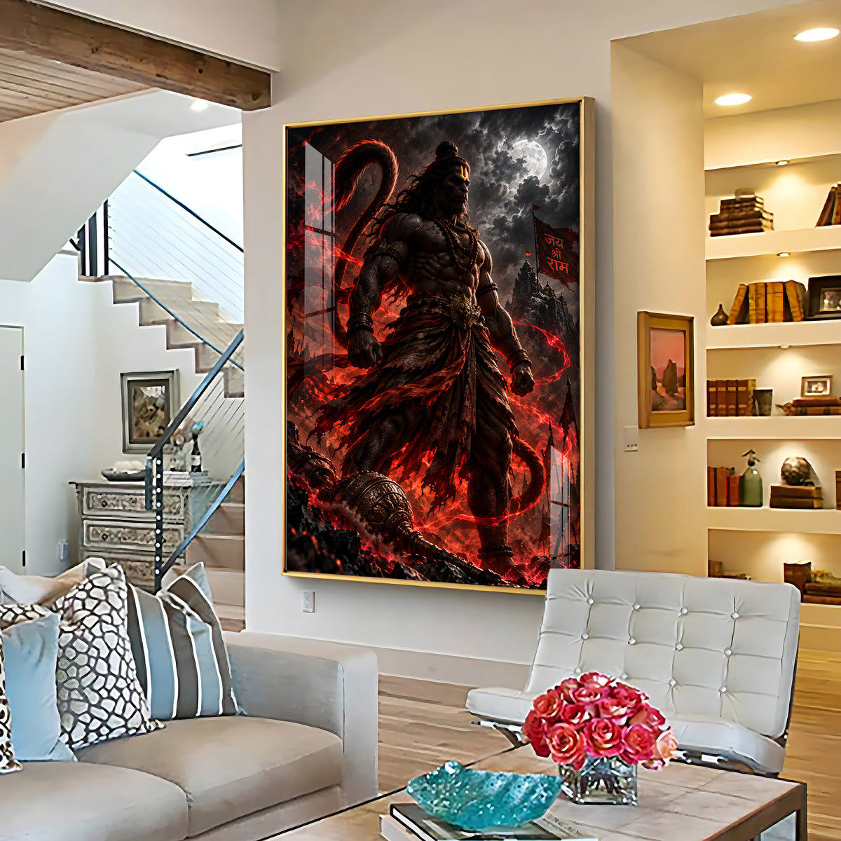 Hanuman in Red Glow Premium Acrylic Vertical Wall Art