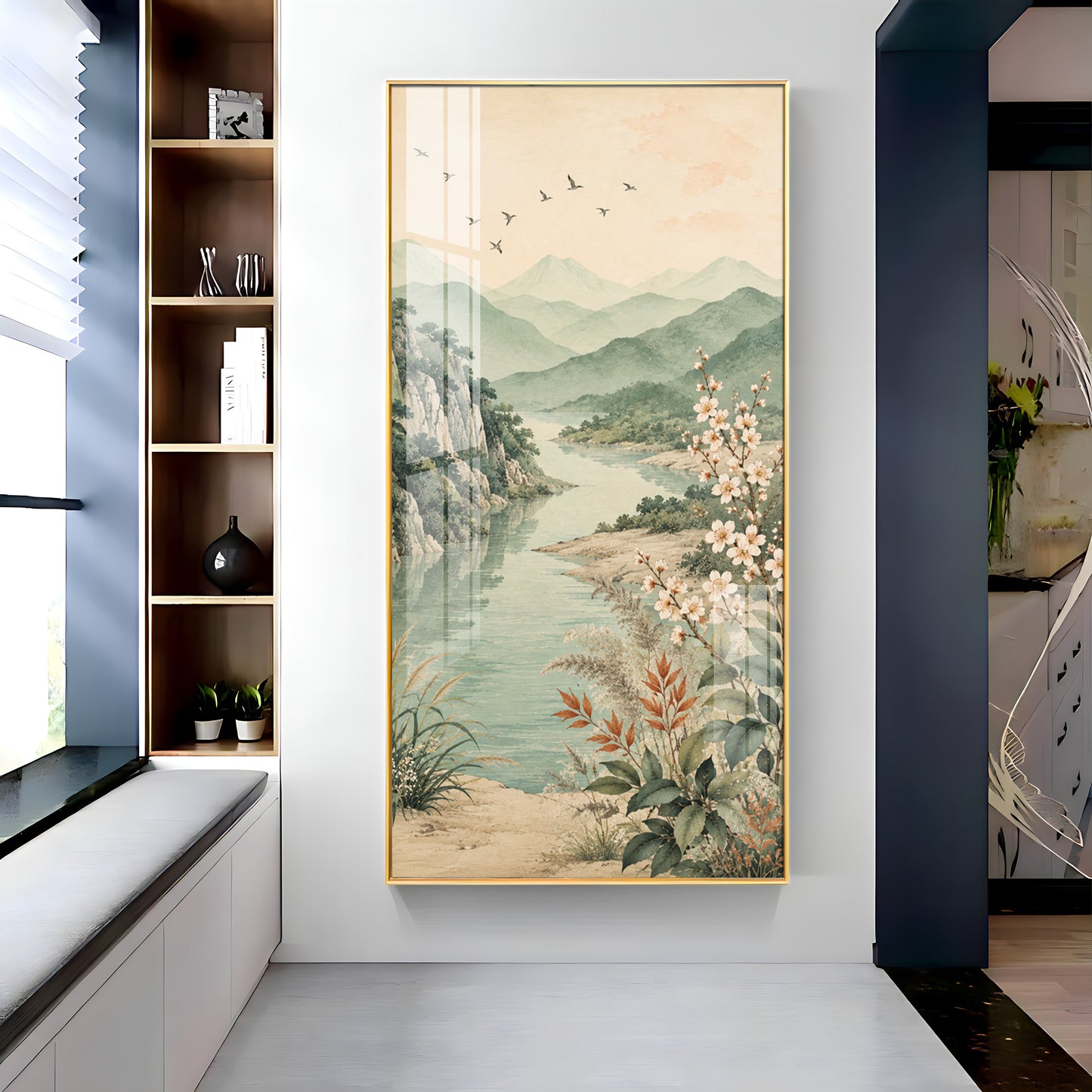 Serene Mountain Lake & Blossom Premium Acrylic Vertical Wall Art