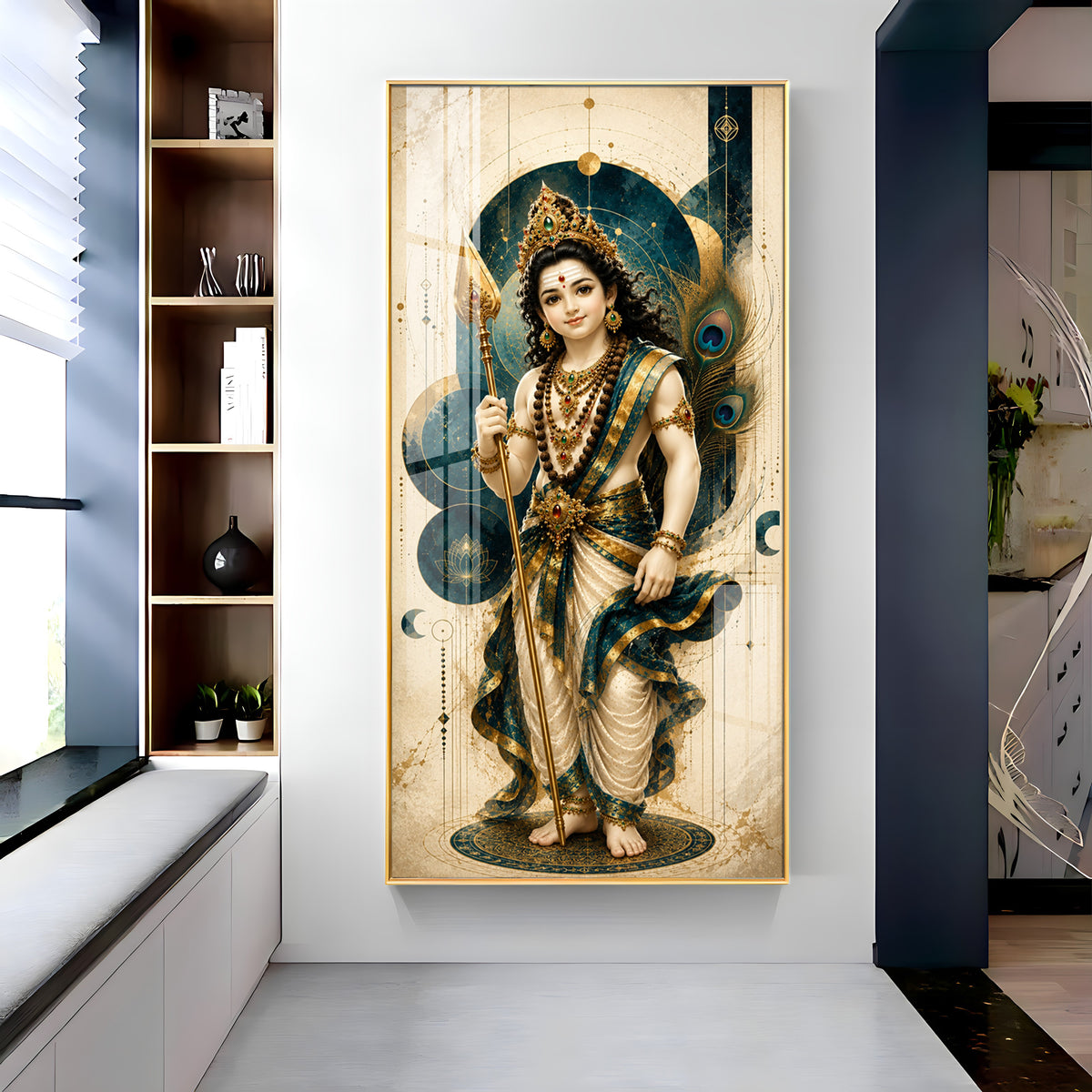 Sacred Lord Murugan & Peacock Feather Premium Acrylic Vertical Wall Art