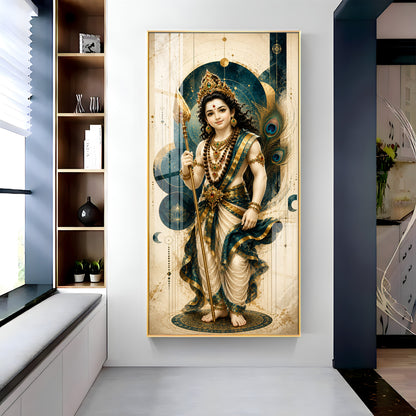 Sacred Lord Murugan & Peacock Feather Premium Acrylic Vertical Wall Art