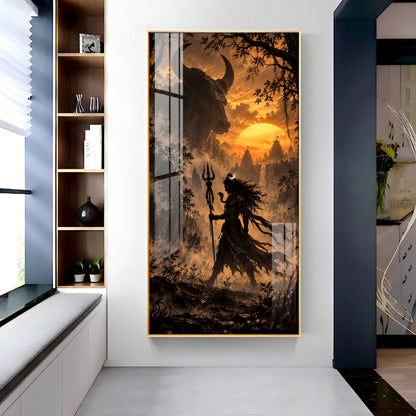Shiva Walking in Sunset With Nandi Premium Acrylic Vertical Wall Art