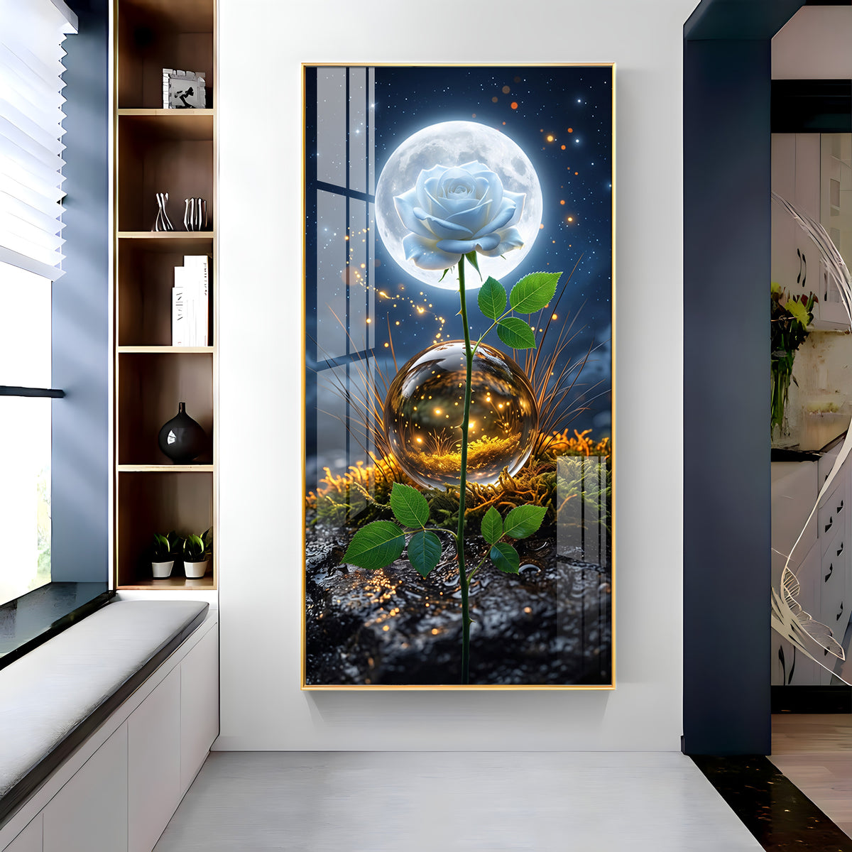 Luminous White Rose with Full Moon Premium Acrylic Vertical Wall Art