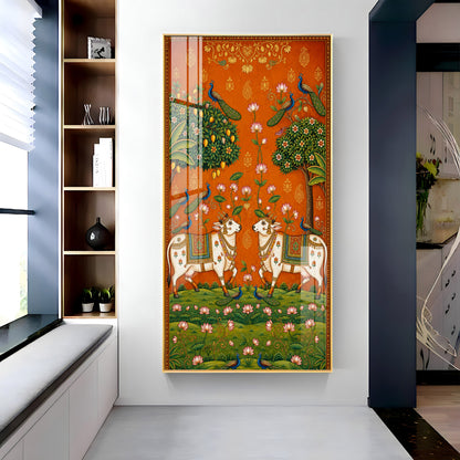 Traditional Pichwai Sacred Cows & Peacocks Premium Acrylic Vertical Wall Art
