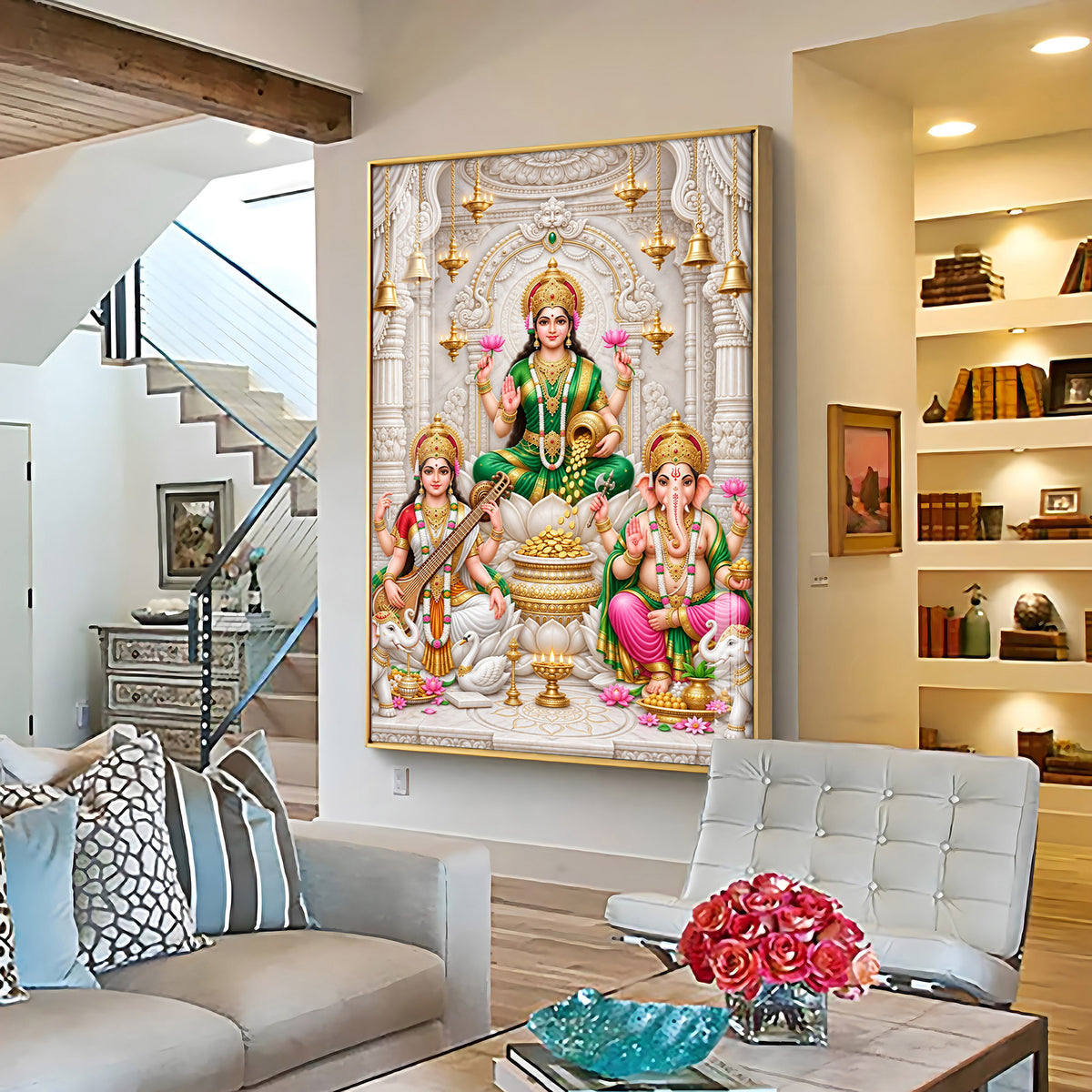 Maa Laxmi Saraswati Ganesha Premium Acrylic Vertical Wall Art