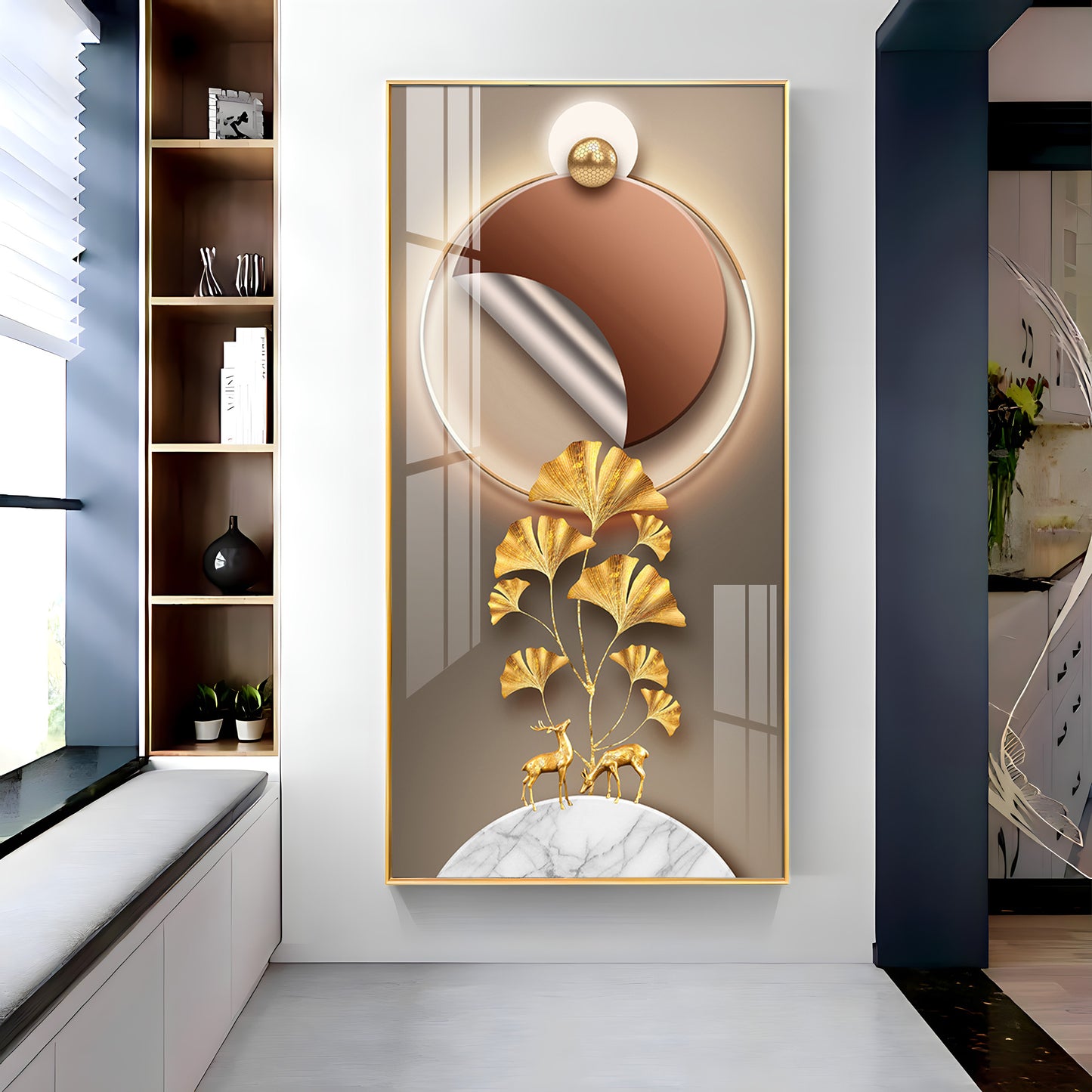 Golden Deer & Ginkgo Leaves Premium Acrylic Vertical Wall Art