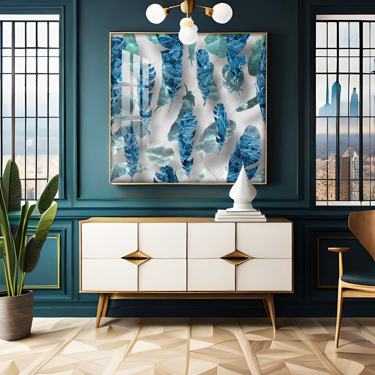 Elegant Blue Feather Premium Acrylic Square Wall Art