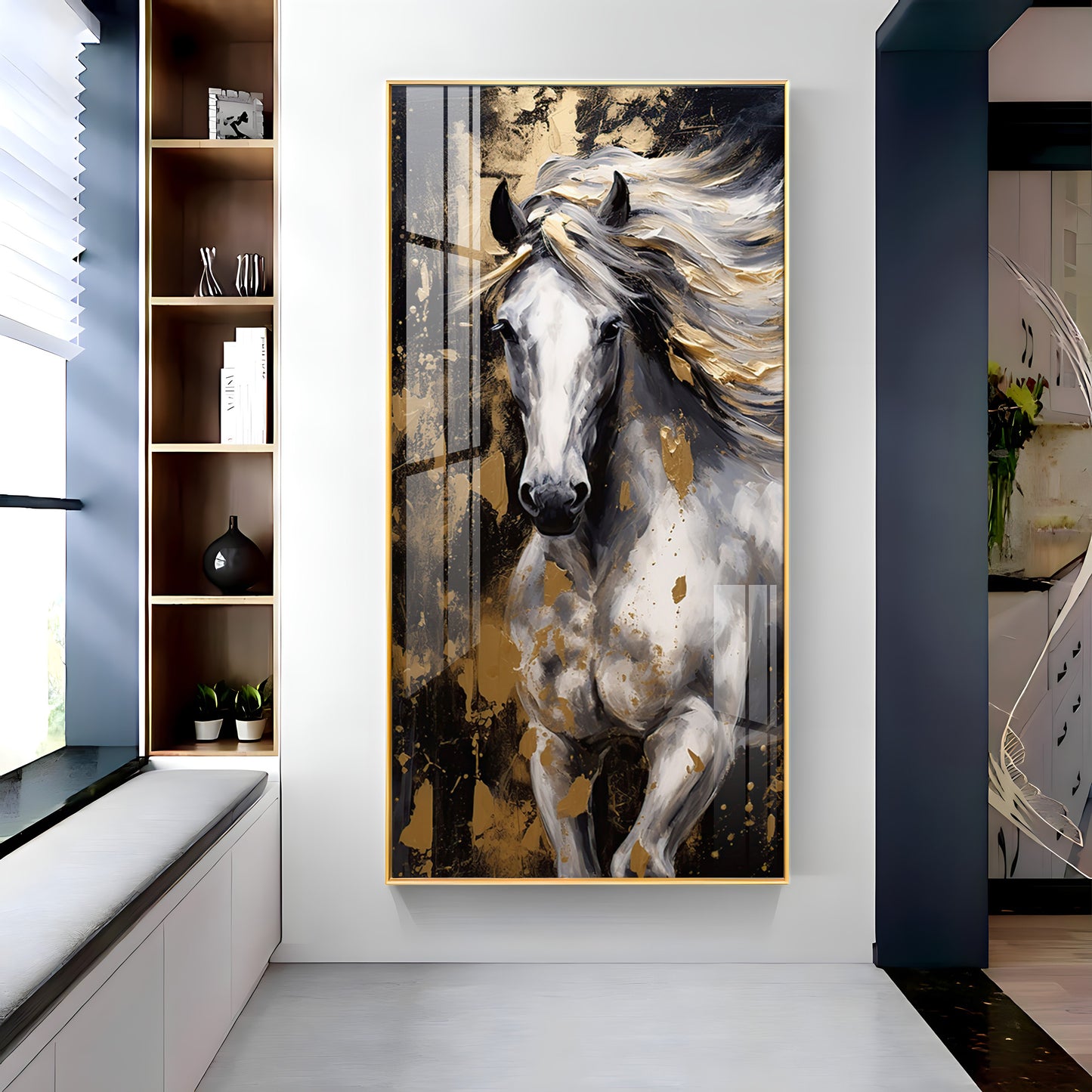 White Horse with Golden Gleam Premium Acrylic Vertical Wall Art