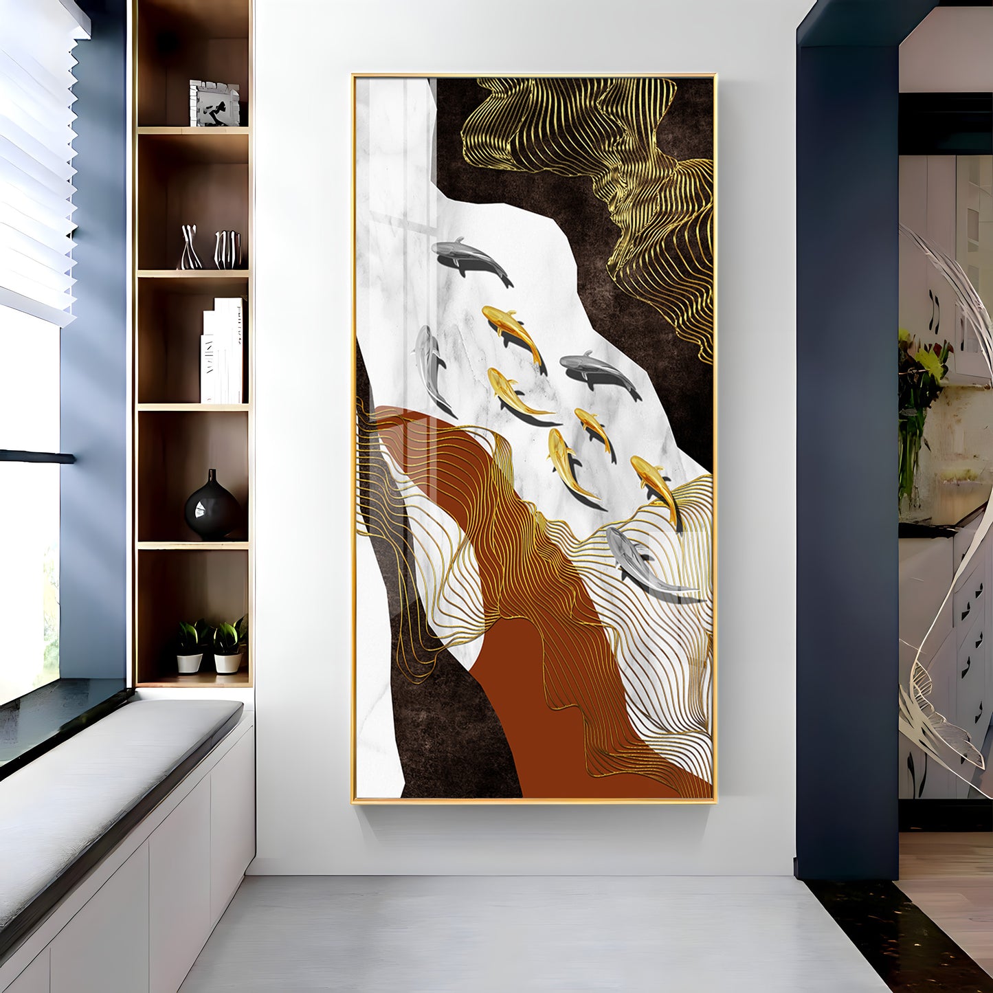 Golden Fish Elegance Premium Acrylic Vertical Wall Art
