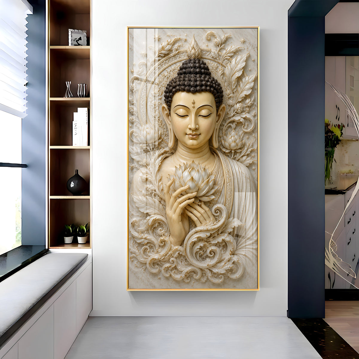 Serene Buddha White Lotus Premium Acrylic Vertical Wall Art