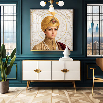 Guru Harkrishan Sahib Ji In Golden Turban Premium Acrylic Square Wall Art