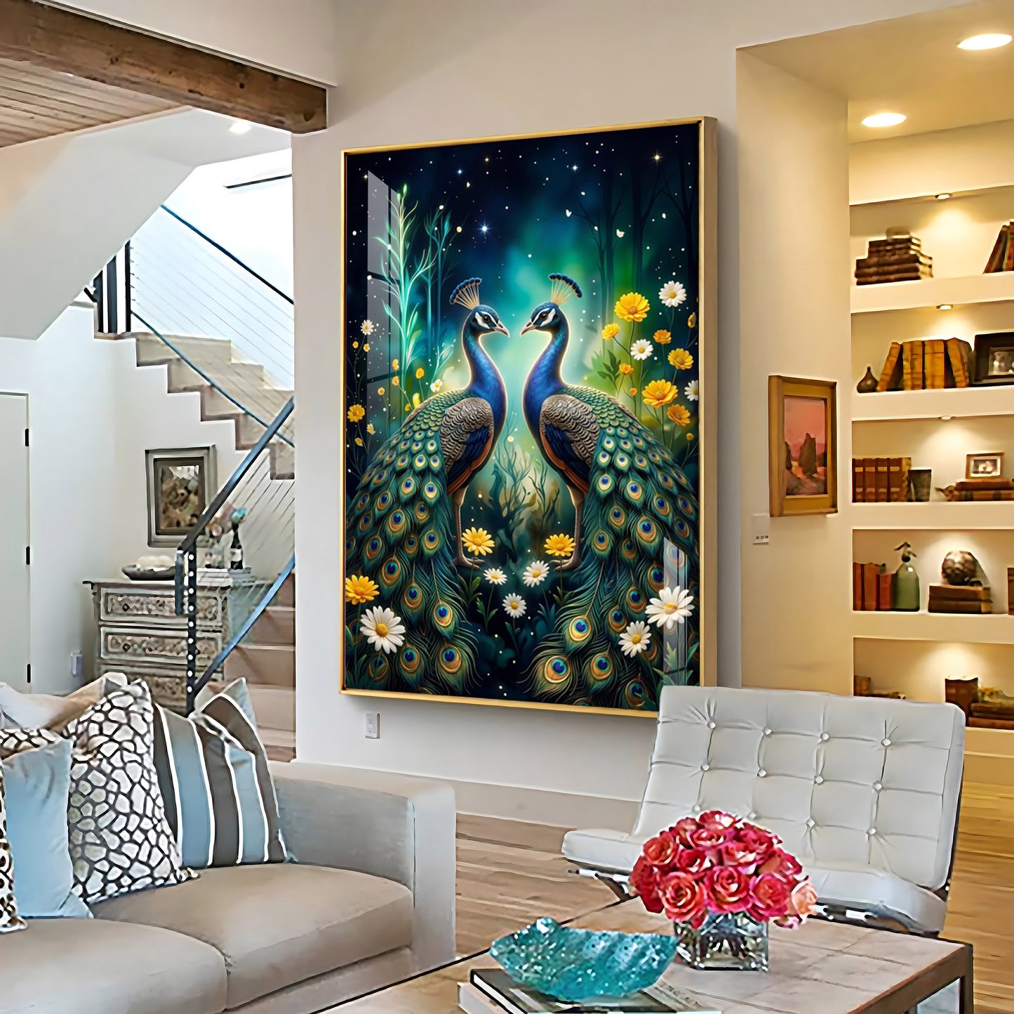 Two Peacocks With Flowers Premium Acrylic Vertical Wall Art