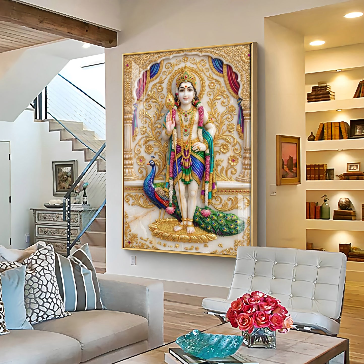 Lord Murugan With Peacock Premium Acrylic Vertical Wall Art