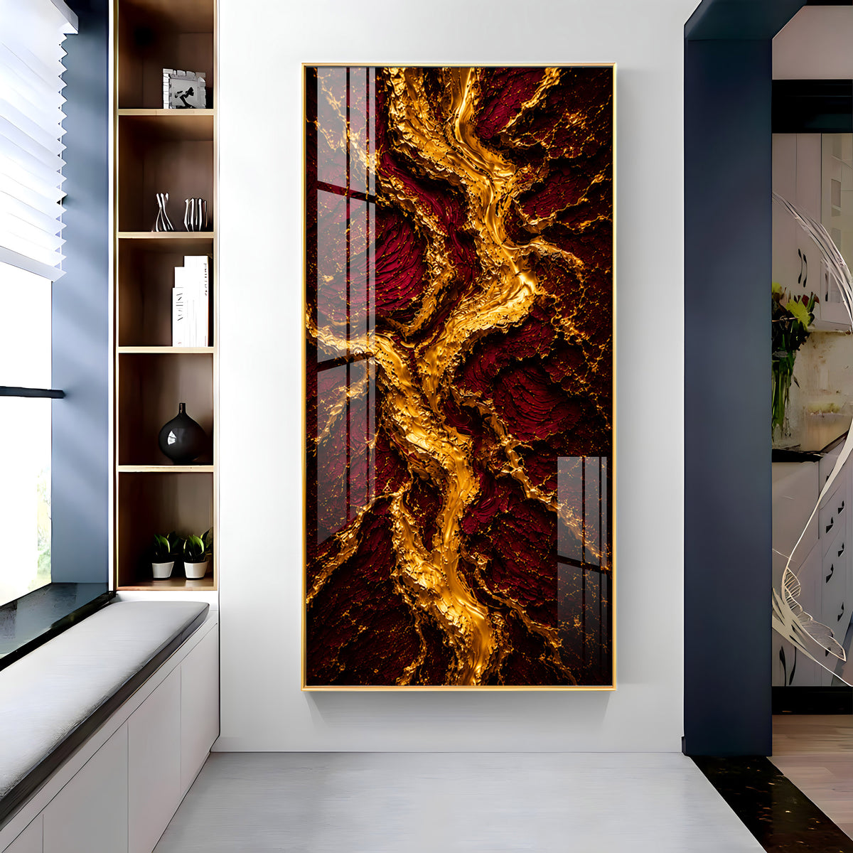 Striking Crimson & Gold Flowing River Premium Acrylic Vertical Wall Art