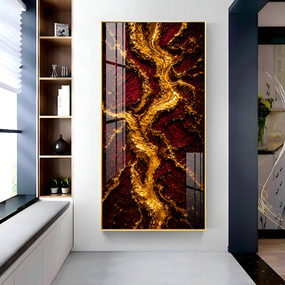 Striking Crimson & Gold Flowing River Premium Acrylic Vertical Wall Art